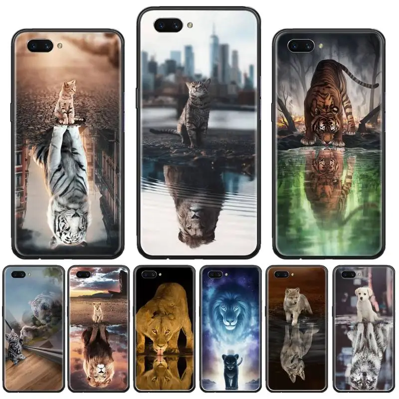 

Cat tiger dog lion reflection Phone Case For OPPO F 1S 7 9 K1 A77 F3 RENO F11 A5 A9 2020 A73S R15 REALME PRO