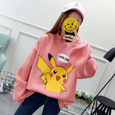 Женская толстовка Kpop осень зима флисовые толстовки желтый кавайный Пикачу с принтом Покемон Харадзюку Корейская одежда пуловер - Цвет: pink