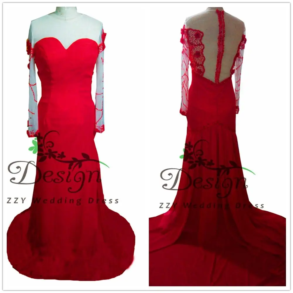 

Charming Red Chiffon Evening Dresses 2020 Luxury Long Sleeves Evening Gowns Scoop Handmade Flowers Crystal Sexy Formal Dresses
