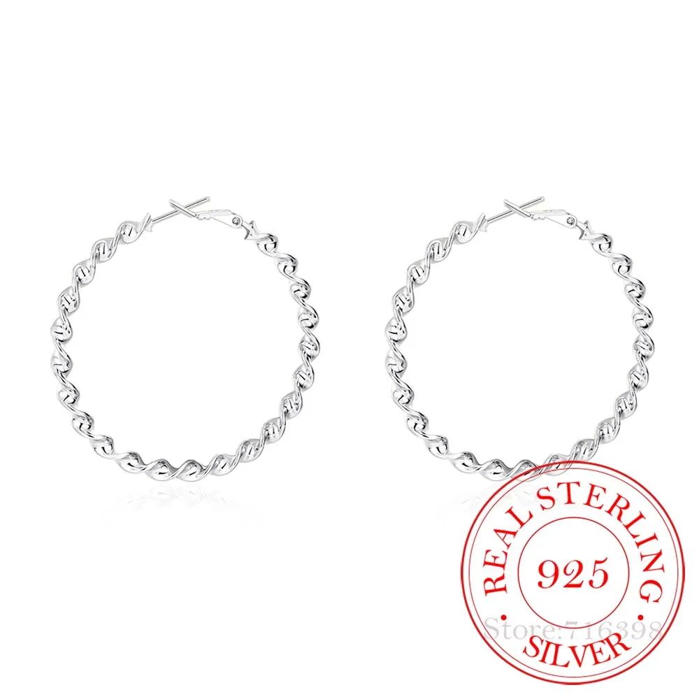 

925 Sterling Silver Hip Hop Round Earrings for Women Large Circle Twist Piercing Hoop Earring Dropship Suppliers