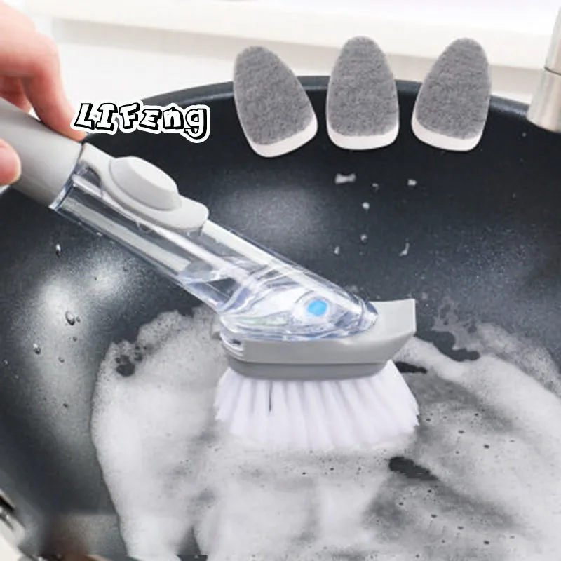 

Multi-functional Kitchen Wash Dishes Brush Pot Does Not Damage Pot Long Handle Sponge Automatic Liquid Filling small brush