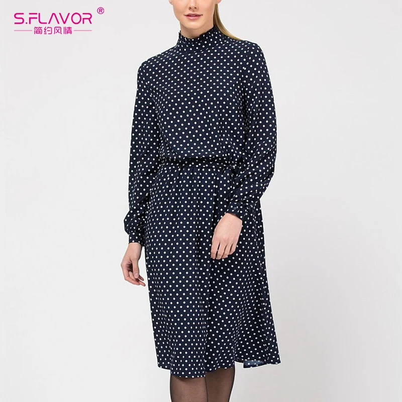 S.FLAVOR элегантное платье в горошек по колено Для женщин весеннее с длинными