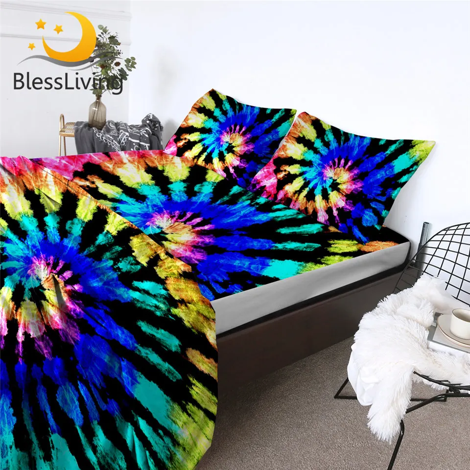 

BlessLiving Tie Dye Fitted Sheet 4pcs Rainbow Bed Sheet Set Ink Textured Hippie Boho Flat Sheet Watercolor Modern Mattress Cover