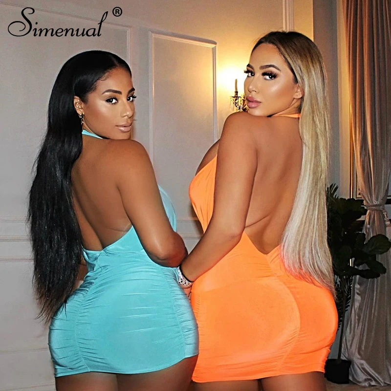 

Simenual Backless Ruched Women's Halter Mini Dresses Summer 2021 Fashion Clubwear Midnight party Bodycon Tight Dress Sexy Cloth