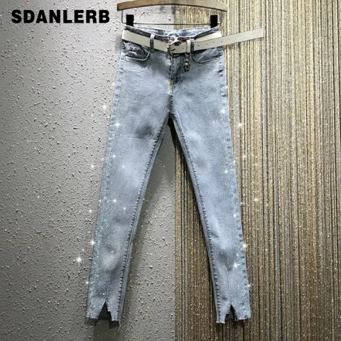Джинсы весна 2020 новинка высокая талия боковые стразы облегающие обтягивающие