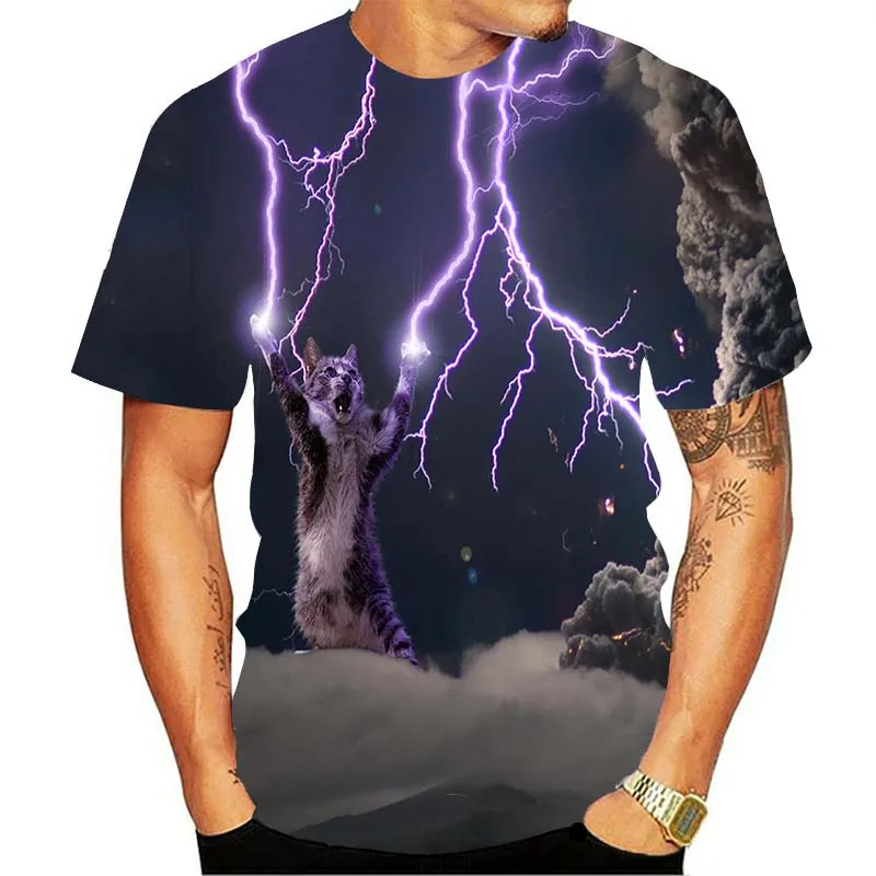 Футболка мужская оверсайз с круглым вырезом модная тенниска 3D рисунком кота