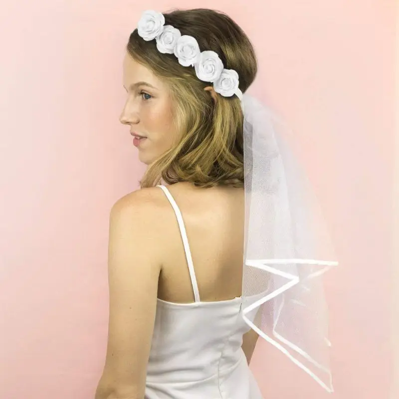 

T84B Women Bridal Flower Hair Wreath With White Veil Garland Wedding Headband Crown Adjustable Lace Up Ribbon Bachelorette Party