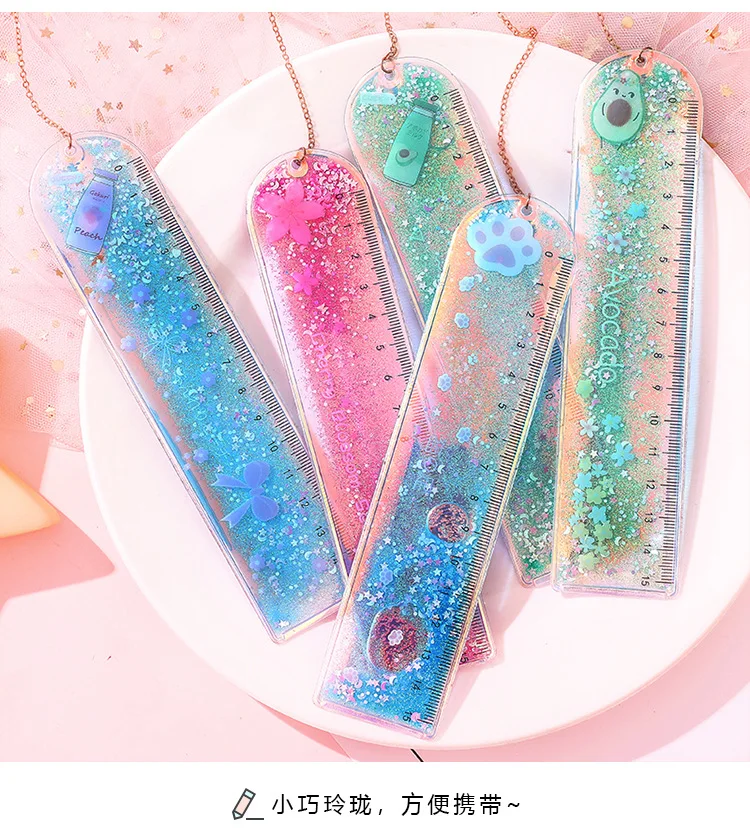 1Pcs Creative Bookmarks Cartoon Quicksand PVC Drawing Ruler Student Lovely Pendant Bookmark Stationery School Supply