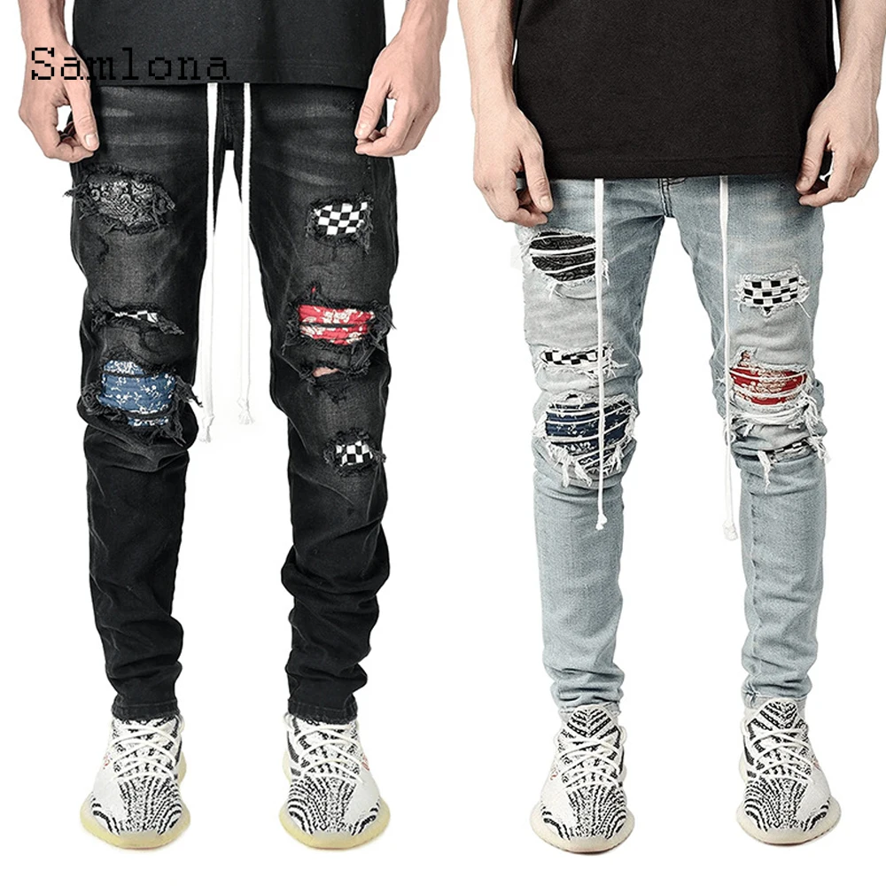 2021 European and American style Jeans Demin Pants Men's Fashion New Patchwork Bottom Casual Skinny Ripped Hip Hop Denim Trouser