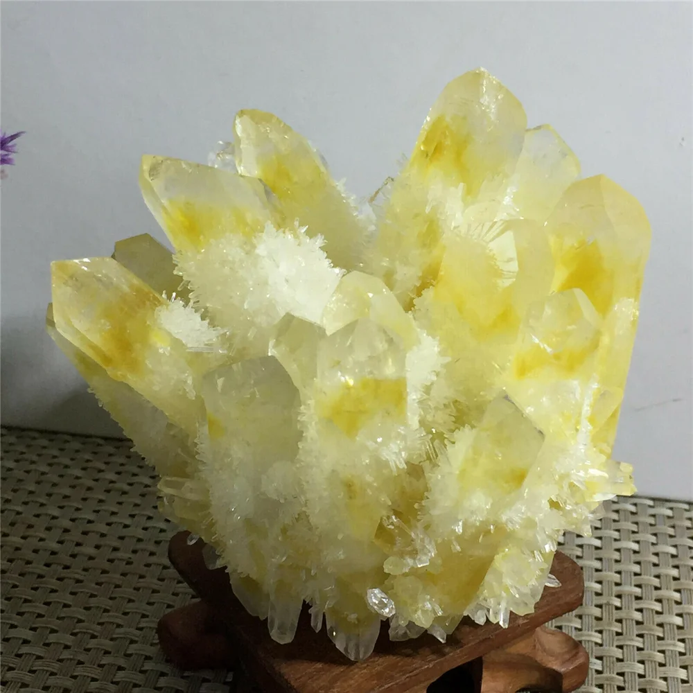 

Newly discovered yellow phantom quartz crystal cluster ore samples cured
