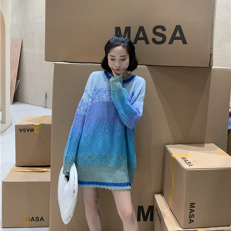 Женский свитер мохеровые вязаные пальто синий язычковый ленивый стиль зимняя