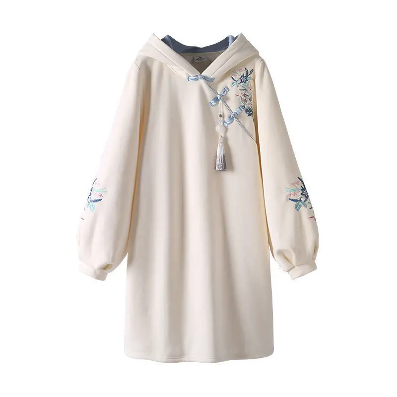 

Chinese Traditional Style Hooded High-necked Sweatshirt Dress Women Spring Cheongsam Dresses Thick Vestidos