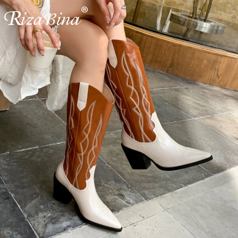 

RizaBina Women Real Leather Knee High Boots Thick High Heels Mixed Color Slip On Long Boot Vintage Female Footwear Size 34-39