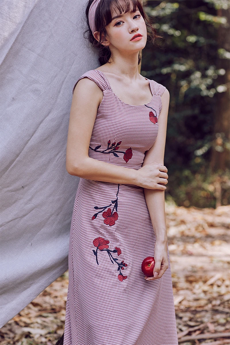 

Vintage Embroidery Dress Plaid Beach Women Holiday Casual Summer Sexy Party Midi A Line Dinner Dresses