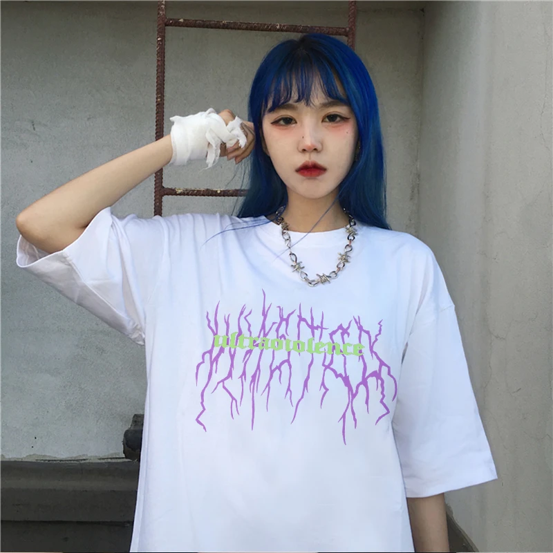 

Punk Gothic Style Women's T-shirts Summer Harajuku Tops Letter Print Korean Fashion Clothing Streetwear Short Sleeve Vintage Tee