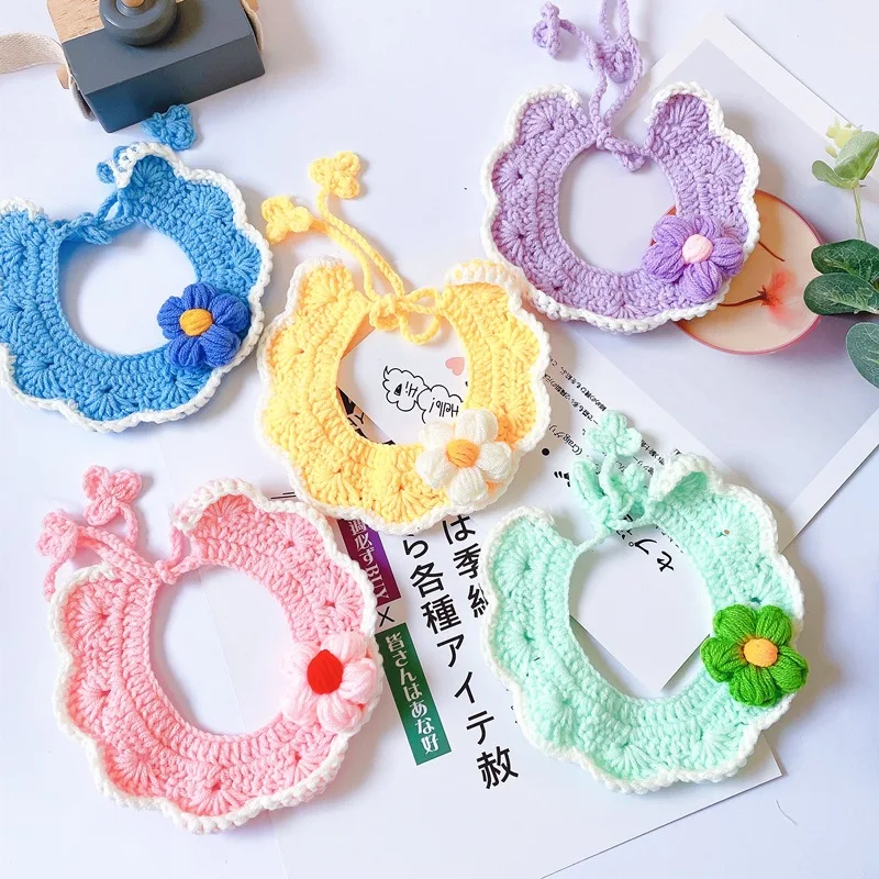 

Crocheted Macron Floral Cat Bows Wool Purple Maual Dog Bibs Colorful Pet Necklace Cat Scarf for Small Puppies Kitten Accessories