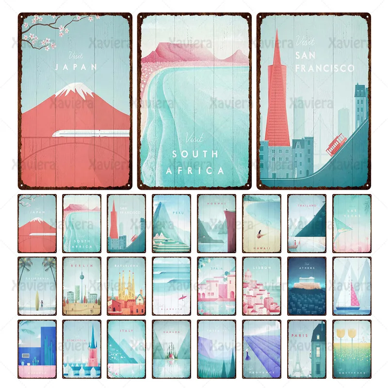 

Metal Tin Sign City Travel Comic Poster Mount Fuji California Hawaii Thailand Beach Berlin Metal Iron Plate Bar Cafe Home Decor