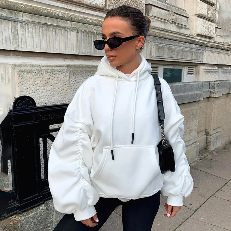 

Ruched Hoodies Women Casual Oversized Sweatshirt Long Baloon Sleeve 2021 Winter Autumn Sweat Hooded Top with Pocket Sports Tops