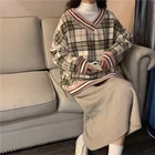 Женский пуловер с V-образным вырезом, винтажный Свитер оверсайз в Корейском стиле, Повседневный свитер, топы, вязаный зимний теплый клетчатый свитер в стиле Харадзюку