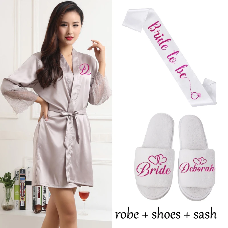 gray robe sash shoe Сексуальное Женское ночное белье с кружевными рукавами, пеньюар, свадебное кимоно, шифон, шелк, женские халаты, халаты для невесты, персонализированное имя - Цвет: gray robe sash shoe