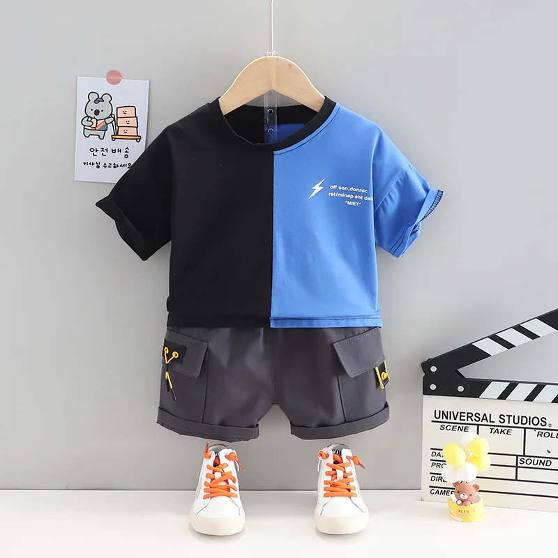 

Baby Boys Fashion Personality Clothing Sets Summer Toddler Girls Patchwork O-neck T-shirt+Tooling Shorts Kids Casual Outfits