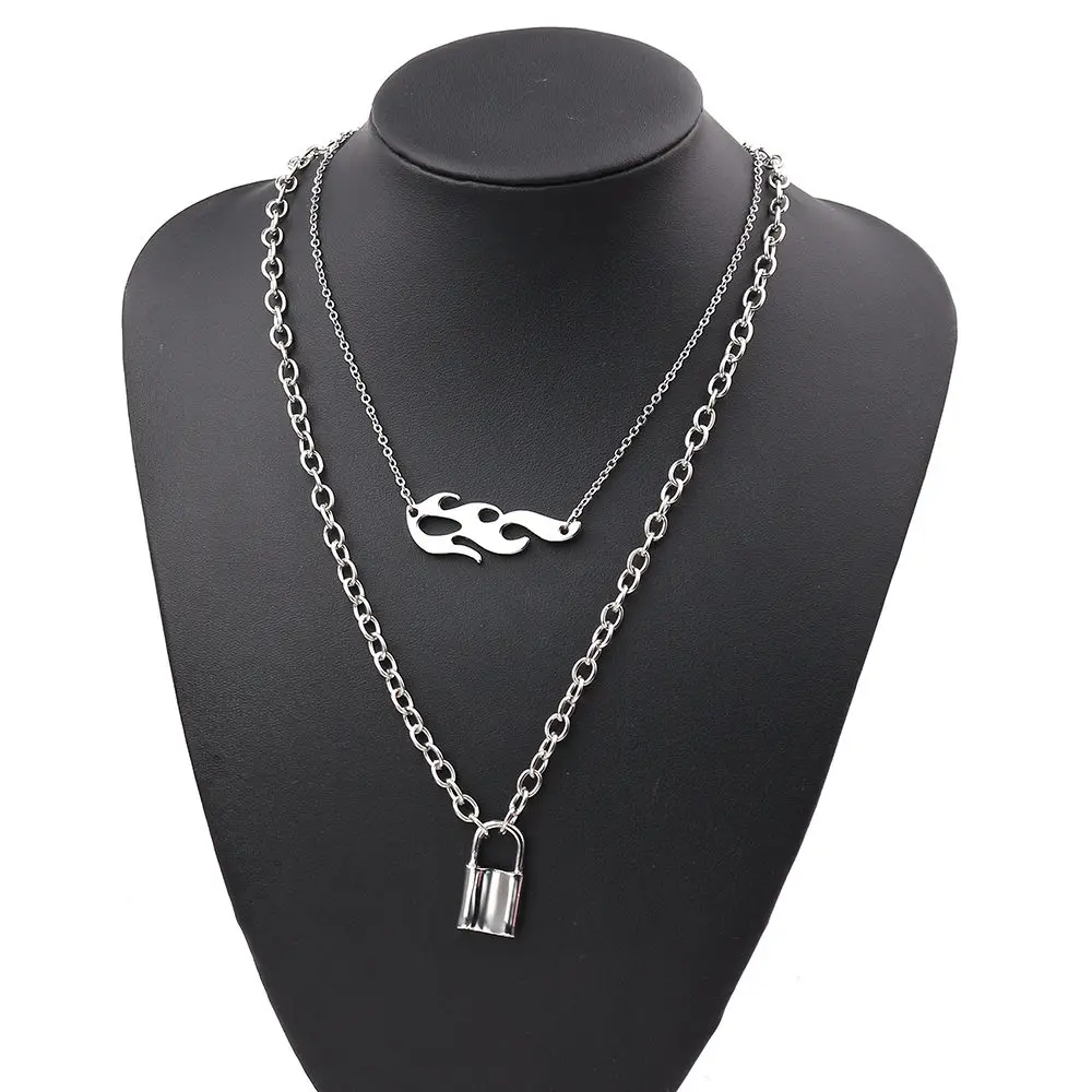 lock necklace 24 стиля, Харадзюку, хип-хоп, пламя, слои, крест, ключица, ожерелье, лезвие, шипы, замок, унисекс, Очаровательная цепочка, рок, панк, ювелирное изделие, подарок - Окраска металла: lock necklace