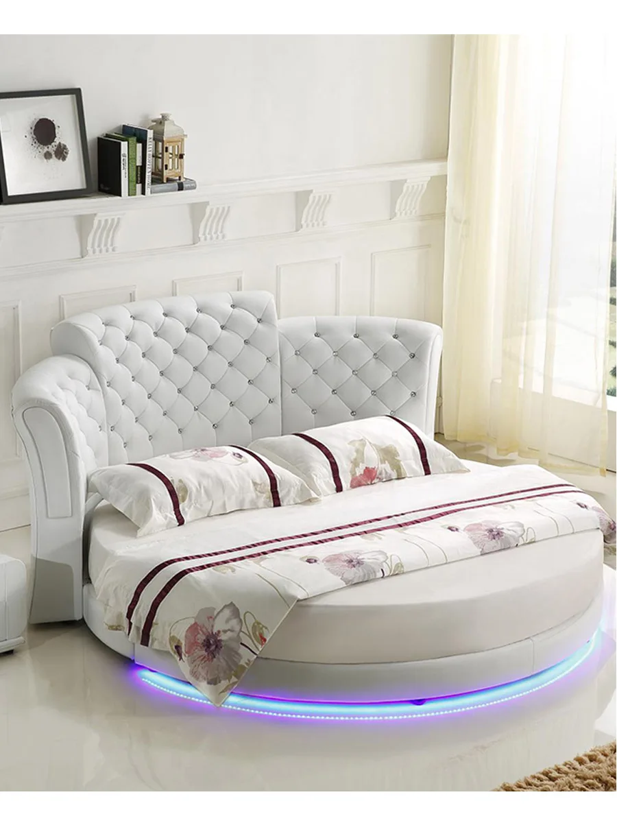 Умный каркас кровати camas спальня кровать двуспальная горит кровати سرير muebles de dormitorio мебель светодиодный светильник круглый натуральная кожа