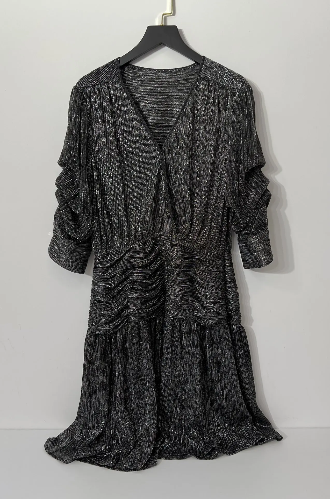 

Spring and Summer New Women Skirt Silver Striped Seven-point Sleeve V-neck MIni Dress