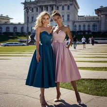 Vestido de noche corto sin tirantes de satén Vintage para niña, tela gruesa sin mangas con fajas y bolsillos, vestido Formal de fiesta con cordones en la espalda (3)