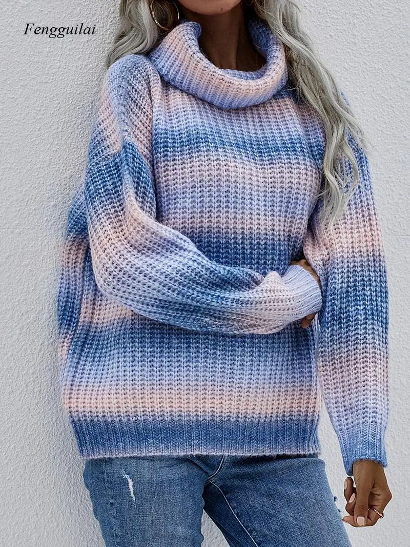 

Rainbow Turtleneck Women's Sweaters Pullovers Tie Dye Colorful Winter Jumper Knitwear Casual Slim Pull Femme Sale