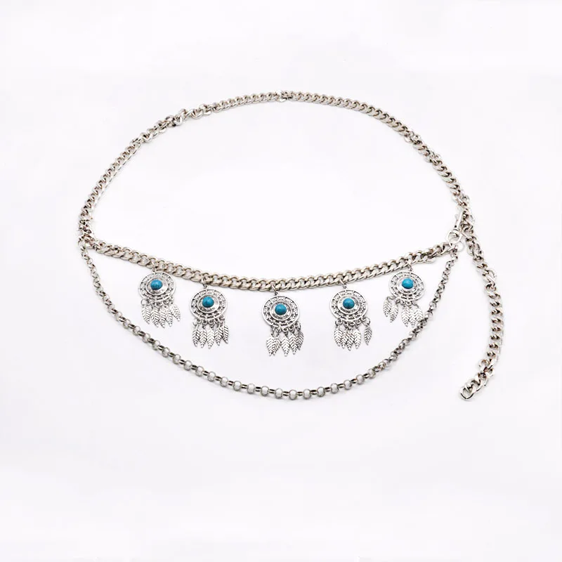 Женский пояс для танца живота серебристый/Бронзовый с бирюзовым камнем и