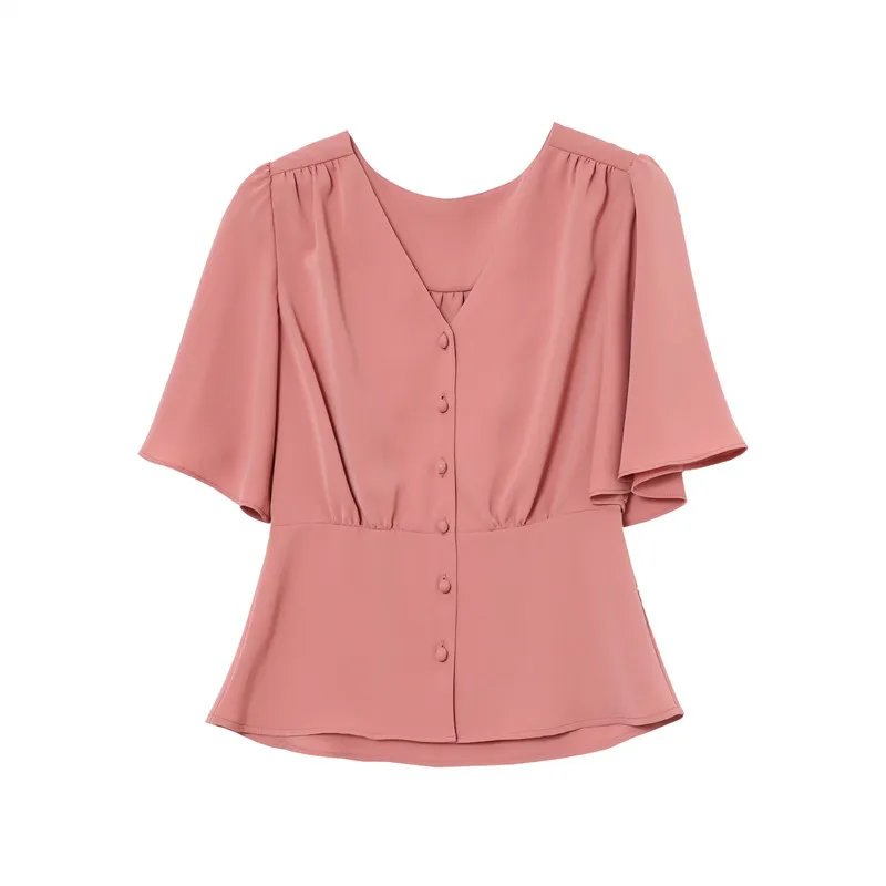 

Female Short Shirt Flare Sleeve Loose Thin Button Casual V-neck Shirts Plus Size Ladies Blue Chiffon Blouses Women Office Wear