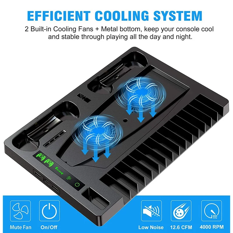 

Vertical Stand Cooling Fan Dual Controller Charging Station Headset Stand with Indicator Lamps 15 Game Storage for PS5
