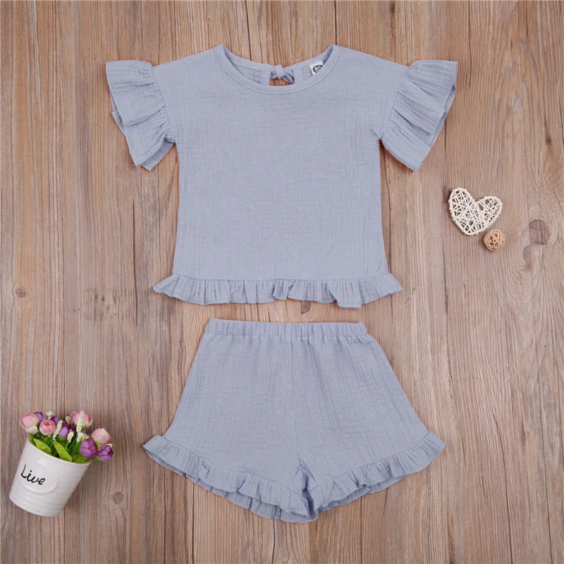 

Kid Girl casual dairy wear Short Sleeves + Shorts, Ruffled Decoration Neckline Bandage Summer Clothing