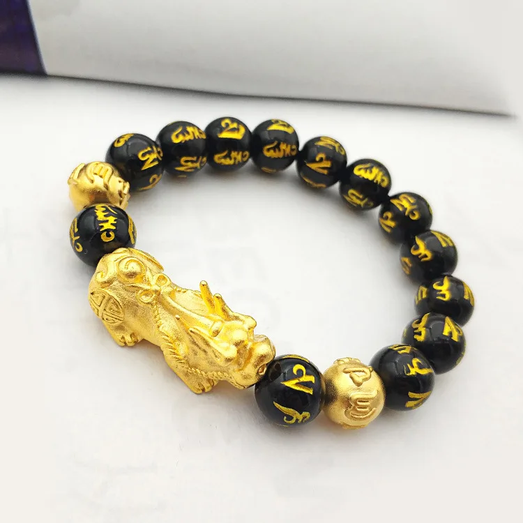

Fashion Classic Black Beads Bracelet Six-Character Mantra Agate Beads Bracelet for Men Women Lucky Gold Jewelry Birthday Gifts