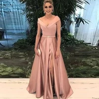 elegant pink satin evening dresses long for women 2021 v neck cap short sleeve sashes formal party evening gowns split plus size