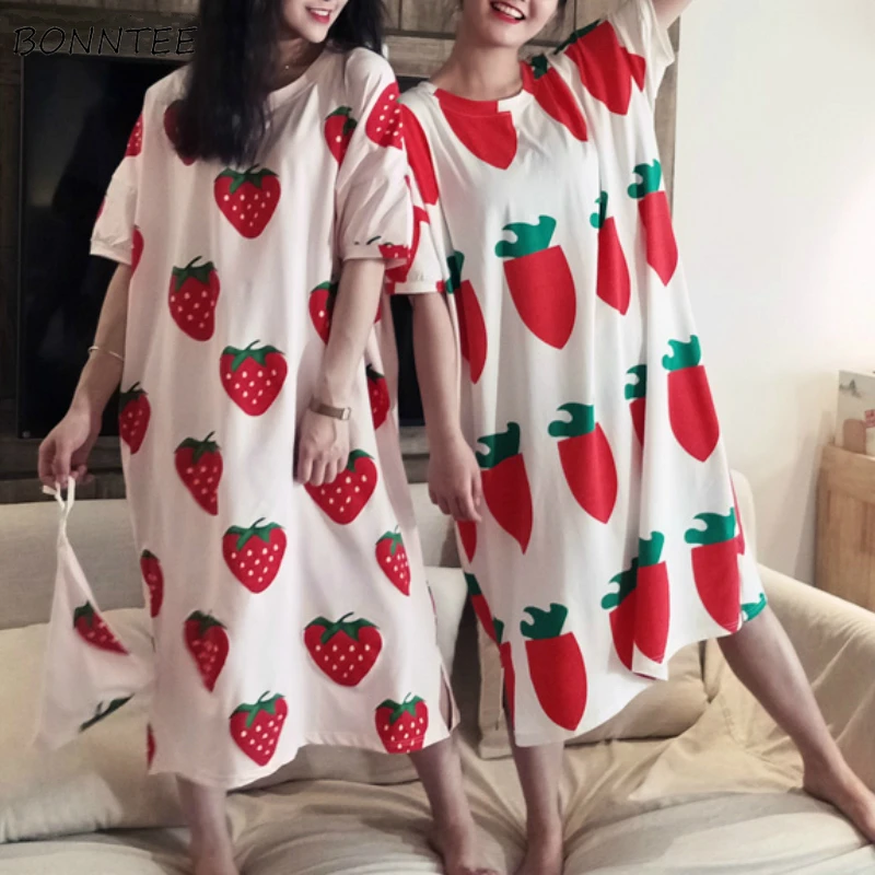 

Nightgowns Women Strawberry Printed Colorful Sweet Summer Short Sleeve Breathable Womens Simple Students Sleepwear Lovely Trendy