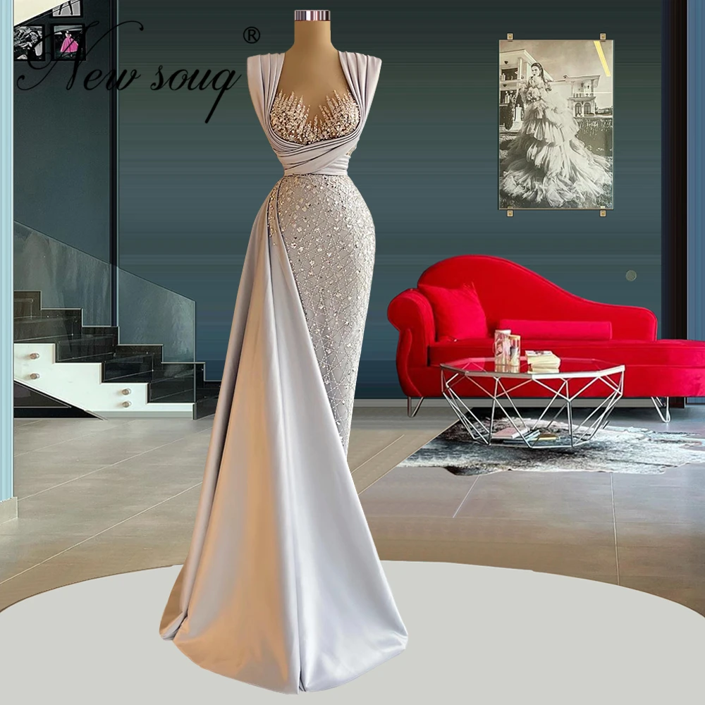 

2022 Elegant Long Beaded Evening Dresses Women Dubai Arabic Crystals Prom Dress Robes De Soiree Turkish Party Celebrity Gowns