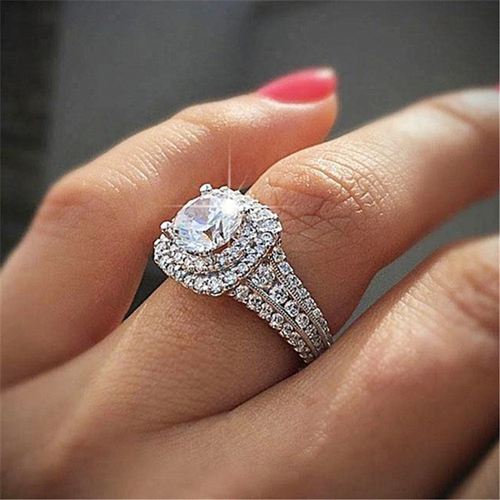 

Round Cut 4-Prong Setting Wedding Women Ring Band White Gold Filled Halo Crystal Inlaid Fashion Gift