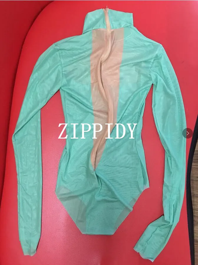 New Long Sleeves Bodysuit Green Sequins Mesh Feather Long Tail Outfit Women Dancer Bar Prom Bodysuit Outfit Set