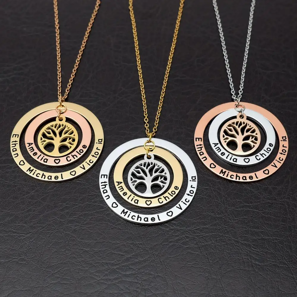 

Custom Engraved Family Name Necklace Personalized Tree Of Life Pendant Chain Gift for Mother Jewelry