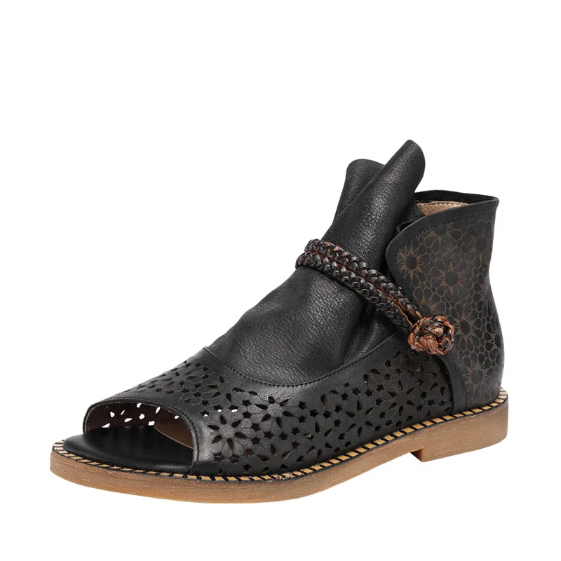 

Vintage Women Sandals Genuine Leather Retro Shoes Zip Flat with 2021 New Summer Handmade Leisure Sewing Hollow Ladies Sandals