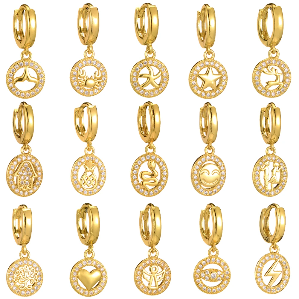 

One pair Gold Color Earrings Round Copper Micro Pave Cubic Zirconia Rose Gold Color Lighting Eyes Heart Earring For Women