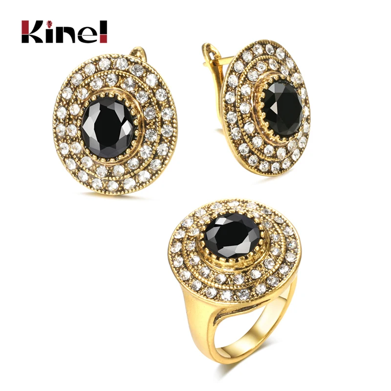 Kinel винтажные черные серьги и кольцо для женщин этнический Свадебный комплект