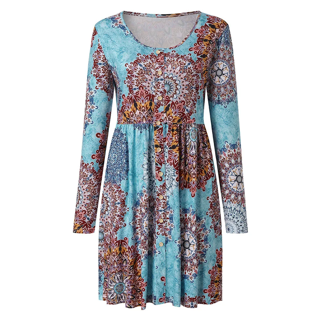 

JAYCOSIN Summer Women Dress Long Sleeve O Neck Button Casual Swin Pockets boho dress bohemian dresses 2020 vestidos Plus Size