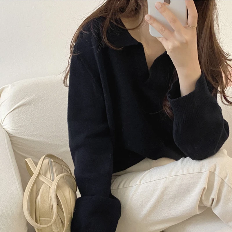 

Женский свитер 민민민민, новинка сезона осень-зима 2021, однотонная Повседневная элегантная офисная одежда с длинным рукавом, топы для женщин