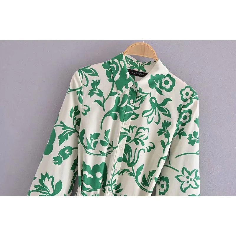 

Elegant Ladies Chic Green Midi Dress Summer Floral Print Shirt Dress Women Vintage Long Sleeve Bandage Holiday Tunic Dresses