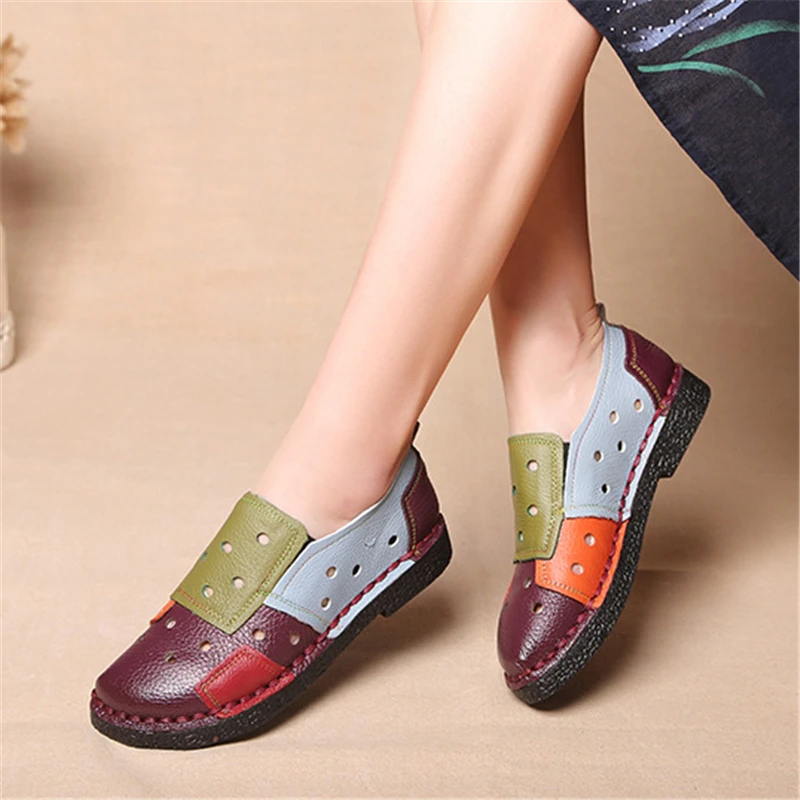 Женские кожаные туфли размера плюс 35-42 цветные дышащие лоферы женские летние на