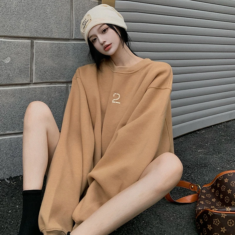 

Hoodies Women 2021 Autumn Clothes Korean Loose Long Sleeve Pullover Mid-length Simplicity Embroidery Letter Crewneck Sweatshirt