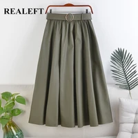 realeft autumn winter faux pu leather mi long skirts with belt high waist elegant 2021 new a line chic mid calf umbrella skirts